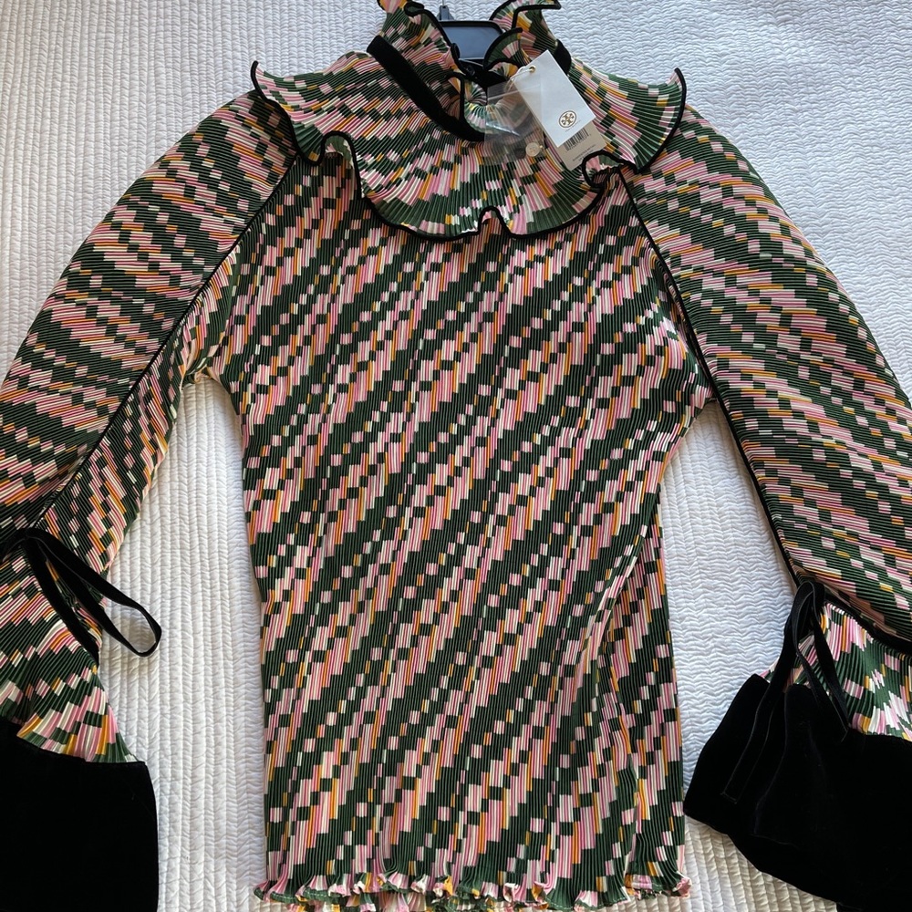 Tory Burch Unique Pleated Ruffle Blouse w/ Velvet